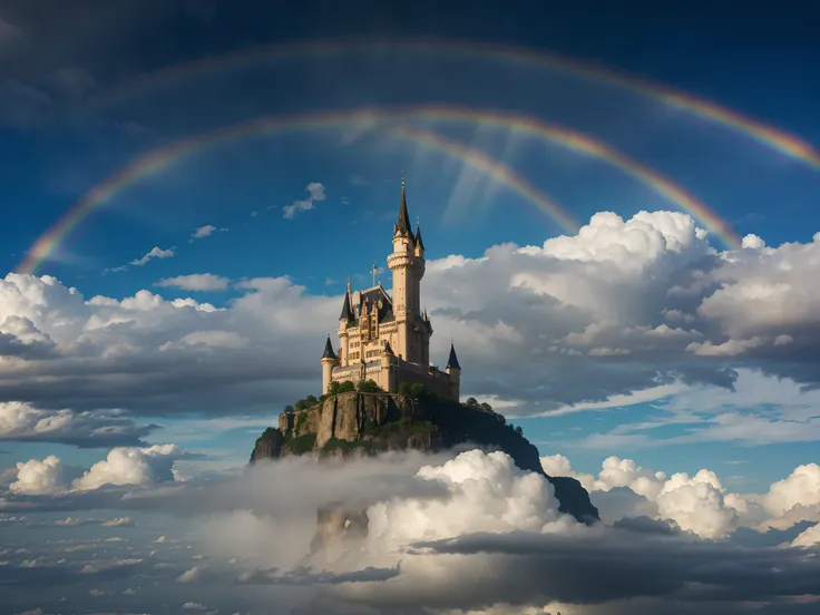 a majestic castle floating in the clouds, surrounded by vibrant rainbows.