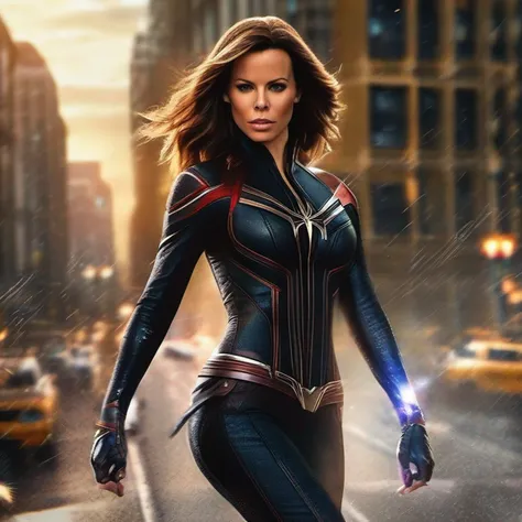 Kate Beckinsale em traje marrom detalhado do Homem-Aranha, seios grandes, super hero pose, Standing in the city raining at sunset, hiperdetalhado, smoke billowing, Sparks, raios solares, (8k), realista, symmetr, Concedido, cinematographic lightning, Enchar...