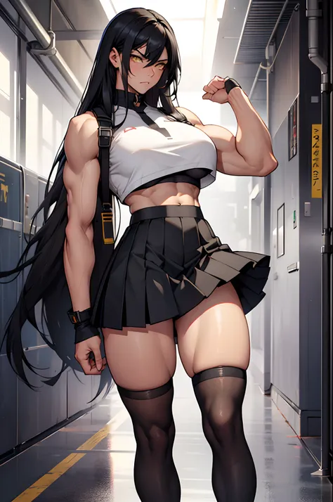 1 girl, extremely long hair, solo, ((muscular)), veins, black hair, yellow eyes, blushing, thick thighs, pale skin, strong, veins, abs, big thighs, huge breasts, navel, standing, angry, (stockings), skirt, crop top