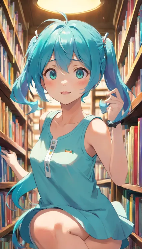 miku hatsune : 1.3, blue hair: 1.2, school uniform, Daytime: 1.2,In the library: 1.1, books, Film lighting, Surrealism, UHD, accurate, Super detail, textured skin, High detail, Best quality, 8k,Thin bangs, (colorful splashes),colorful bubble,(shining), foc...