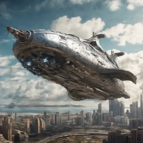 Spaceship with metal dolphin appearance, plastic, blindagem Liza. planos futurista fundo nave de guerra em forma futurista voando 4k