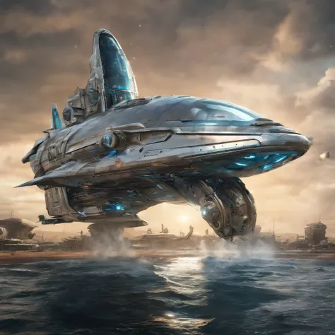 Spaceship with metal dolphin appearance, plastic, blindagem Liza. planos futurista fundo nave de guerra em forma futurista voando 4k