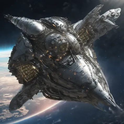 Spaceship with metal dolphin appearance, plastic, blindagem Liza. planos futurista fundo nave de guerra em forma futurista voando 4k