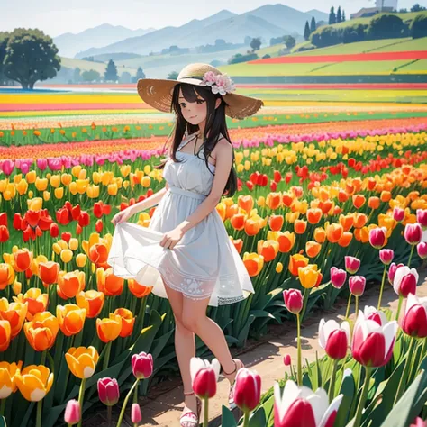 There is a beautiful Chinese woman standing in a field of tulips with a sun hat and wearing a white halter dress, longos cabelos castanhos ondulados, wearing sunglasses, alto e magro, Beautiful, sorriso sutil, Standing in the field of tulips, standing in a...