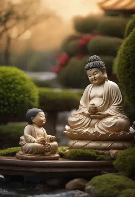 (best quality,4k,8k,highres,masterpiece:1.2),ultra-detailed,(realistic,photorealistic,photo-realistic:1.37),two boys carrying a statue of a chubby Japanese Buddha,sculptural beauty,tranquil garden setting,prominently displayed statue of a laughing Buddha,t...