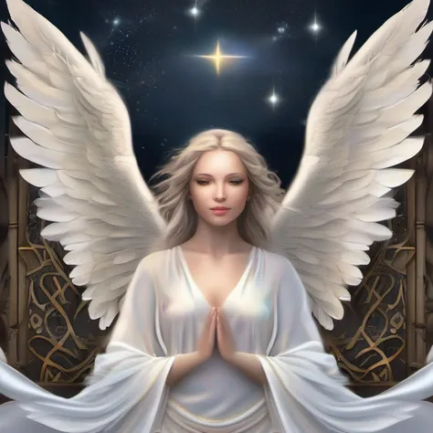 The angel must have a serene and majestic appearance, with bright white wings extending backwards. Your features should convey a calm and angelic expression, with soft eyes and a soft smile on his lips. The angel will be sitting or floating on a soft, fluf...