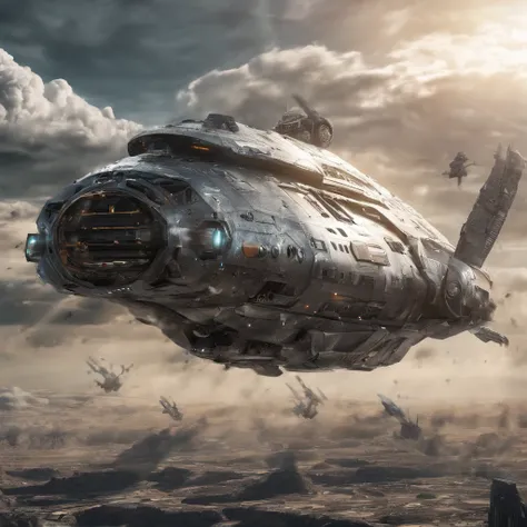 spacecraft with warjet appearance, metal, plastic, blindagem Liza. planos futurista fundo nave de guerra em forma futurista voando 4k