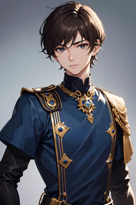 Masterpiece, Best Quality, Man, brown hair, short hair, Black eyes, facing front, Thick eyelids, sharp chin, Fantasy Blue Uniform, Normal monochrome background, The body facing the viewer, Upper body only