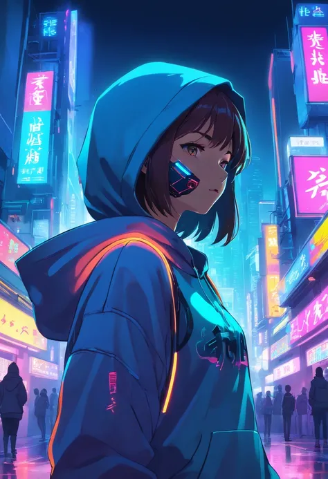 Girl in hoodie with a neon ninja mask, Phantom Neon, neon and dark, Imagen principal 1024px, Hintergrundgrafik, Estilo de arte oscuro, Neon-Cyberpunk, Sonrisa malvada y ojos brillantes, Arte Synthwave, Black neon, Estilo de arte cyberpunk, Estilo espeluzna...