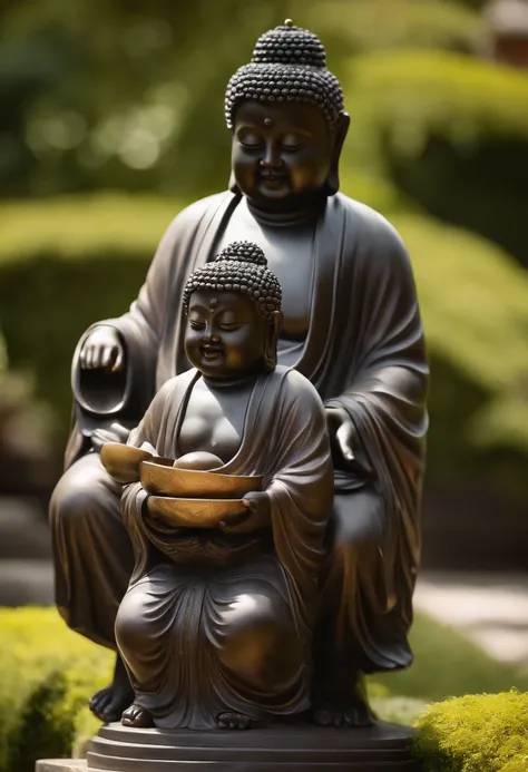 (best quality,4k,8k,Alto,master part:1.2),ultra-detalhado,(Realistic,fotorrealista,photo-realistic:1.37),two young men carrying a statue of a chubby Japanese Buddha,sculptural beauty,ambiente tranquilo do jardim,prominently displayed statue of a laughing f...