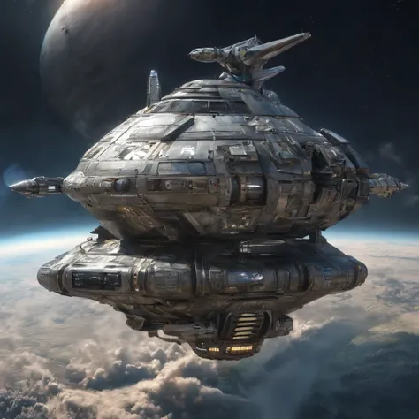 spacecraft with warjet appearance, metal, plastic, blindagem Liza. planos futurista fundo nave de guerra em forma futurista voando 4k