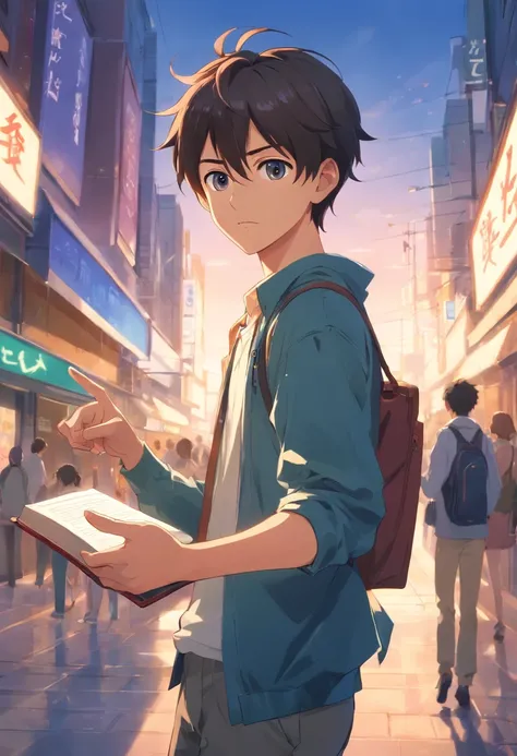 1young man, pointing at you and scolding , holding a book in left hand, fullbody