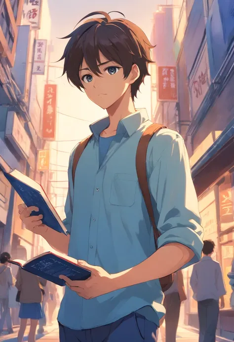 1young man, pointing at you and scolding , holding a book in left hand, fullbody