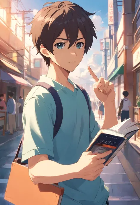 1young man, pointing at you and scolding , holding a book in left hand, fullbody