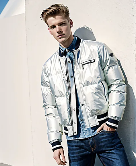 Photography still 90s indie movie, 1 young man 20 years old, balenciaga jacket mens puffer white color, hair skin head ginger, slim jeans, magazine cover photo, (35mmstyle: 1.1), masterpiece, high frequency details, 35mm film, (film grain), film noise, lig...