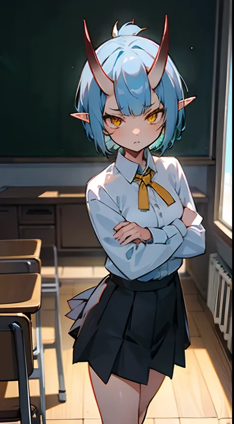 1oni girl,solo,serious face,white shirt,black skirt,light blue hair, short hair,yellow eyes,elves ears,oni horns,classroom