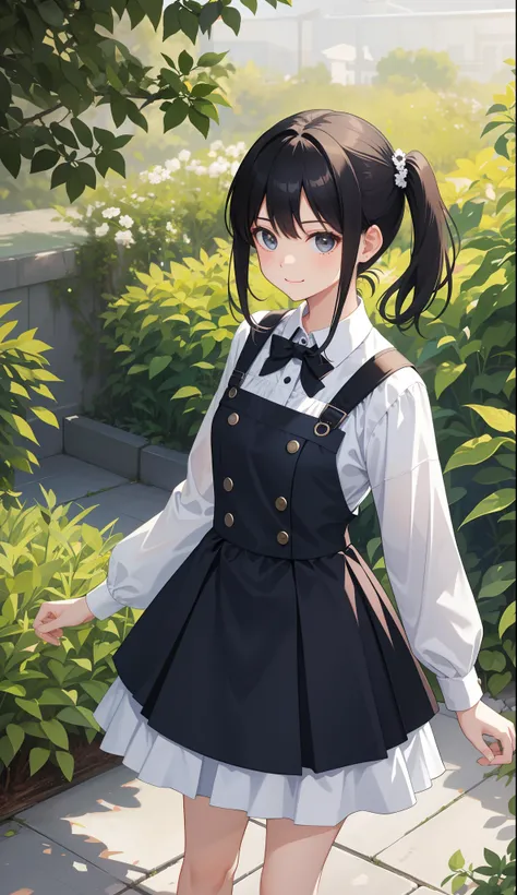 1girl in、AS-Adult、A smile、The shirt、skirt by the、（small tits）、doress、pinafore、hair adornments、（Maids）、Walking with a thigh、Upper body portrait、