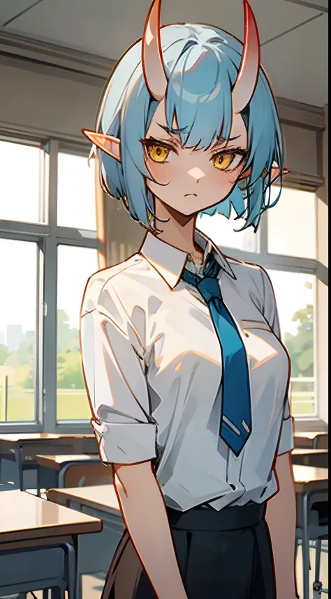 1oni girl,solo,serious face,white shirt,black skirt,light blue hair, short hair,mature female,yellow eyes,elves ears,oni horns,classroom