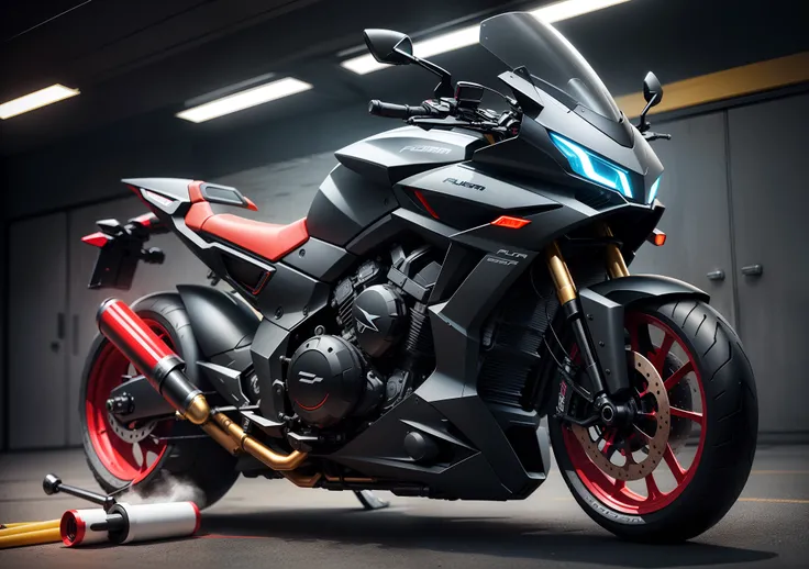 Create a motorcycle that looked like the Pulsar 2 and at the same time a futuristic motorcycle, as if it had the design of a gallant Lamborghini, But its a black bike with fire figures but red lines with white., Also with a title on the bike a mini label t...