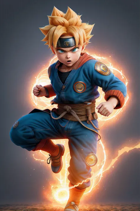 (melhor qualidade,4k,8k,Alto,master part:1.2),ultra-detalhado,(Realistic,fotorrealista,photo-realistic:1.37),Naruto Goku ,medium:Dragon ball style, cores vibrantes, dynamic lighting profile, nuvens fofas, Pose Voadora, face expression, Playful energy, clea...