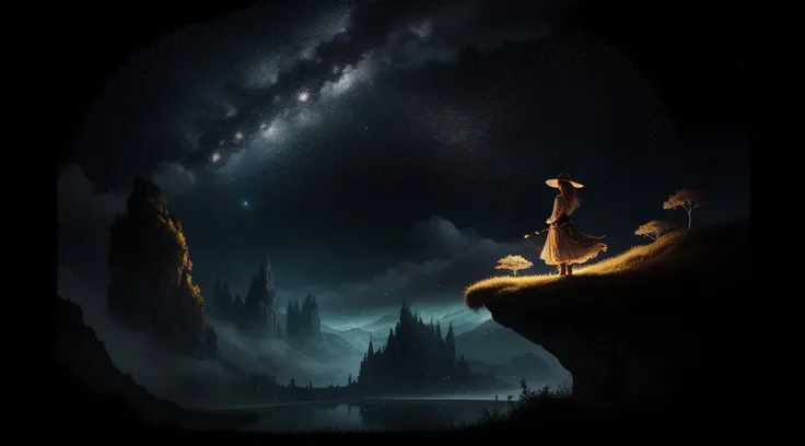 masterpiece of art that transcends excellence, with an ultra-sophisticated level of detail. This illustration, portraying a lonely girl immersed in a fantasy world, its truly stunning. Em seu voo gracioso, She rides a magical broom against the backdrop of ...