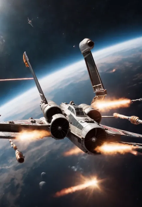 Xwing fighter ship flying through space