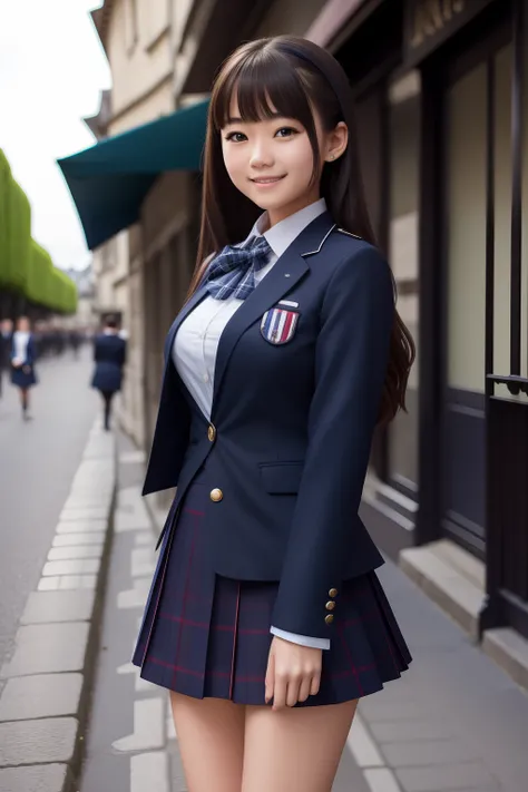 masutepiece, Super Detail, High quality, awardwinning, 8K, (girl), Solo, Smiling, high school uniform, (her formal jacket is dark navy blue), White shirt, Short skirts are plaid, Theme color is dark navy, half body shot, in the old town, in paris, Detailed...