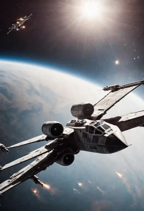 Xwing fighter crossed with death star ship flying through space