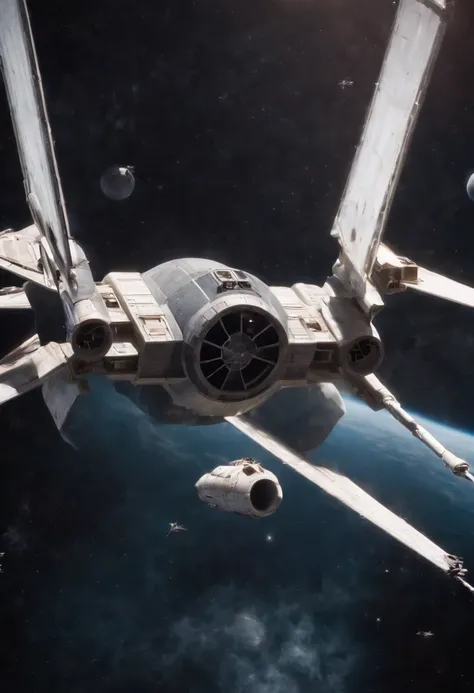 Xwing fighter crossed with death star ship flying through space