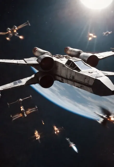 Xwing fighter crossed with death star ship flying through space