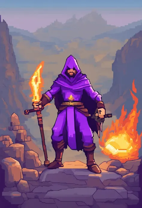 Pixelated image of a wizard in purple clothing and gray hood wearing a burning staff and a warrior in purple clothing and a cap
Gray ETE holding a golden axe fighting a warrior orc on a ruined plain