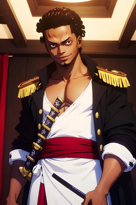 black young guy, shanks hairstyle, black hair, admiral marine, sword, scar, creepy smile, lindo, stylish hair, awesome eyes, young, lindo