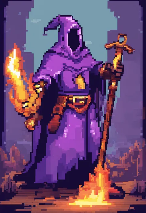 Pixelated image of a wizard in purple clothing and gray hood wearing a burning staff and a warrior in purple clothing and a cap
Gray ETE holding a golden axe fighting a warrior orc on a ruined plain