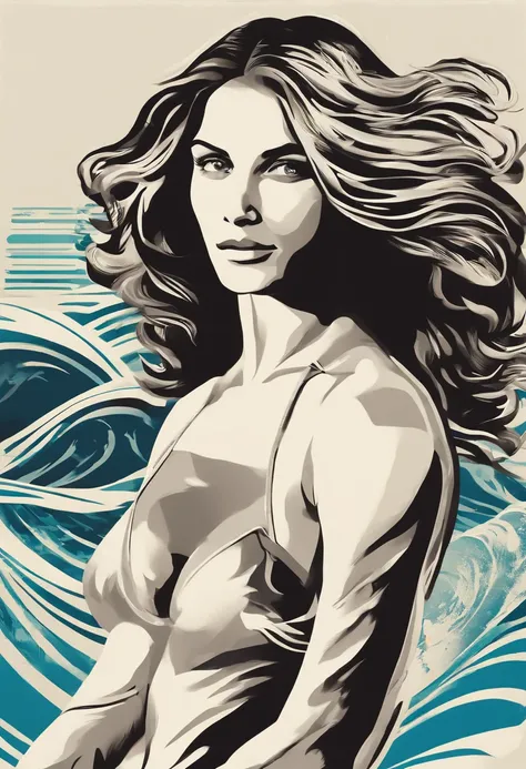 mulher surfista, Cameron Diaz,cabelo preto,bikini, surfando em uma prancha de surfe, oceano, flor, ondas,imagem realista,arte digital para camiseta