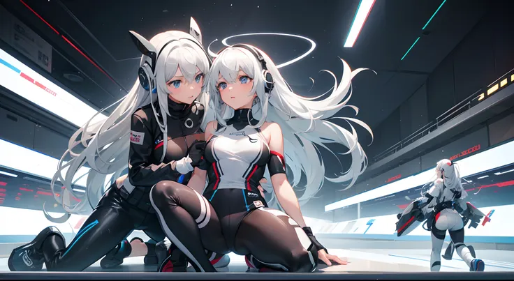 twogirls，Long-haired girl in black sci-fi tights is crushed by white-haired long-haired girl in white racing suit，The headphones fell to the side,Embarrassed