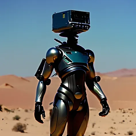 vhs footage of full figure nousr robot  in the desert, wide angle lens photo, holding a pipe