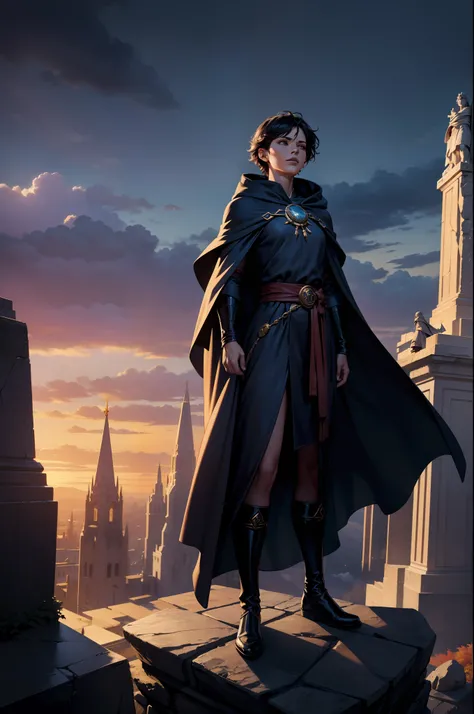 A mage making a powerful position on a raised stone in a city among the clouds dusk sky full of clouds mage wearing robe hood beautiful 8k dramatic scene statues autumn trees character with short hair and flowing cape The long wind