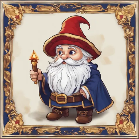 Gnome ,wearing Mages Habit, primarily navy blue in color with gold trim white collar and red wrists, masterpiece, best quality