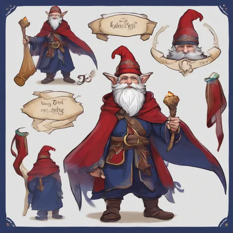 Gnome ,wearing Mages Habit, primarily navy blue in color with gold trim white collar and red wrists, masterpiece, best quality