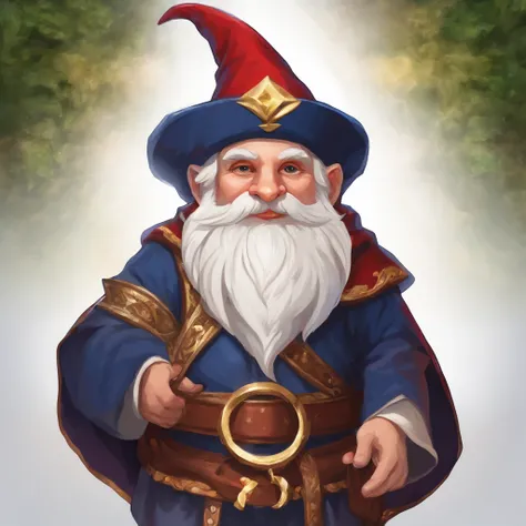 Gnome ,wearing Mages Habit, primarily navy blue in color with gold trim white collar and red wrists, masterpiece, best quality