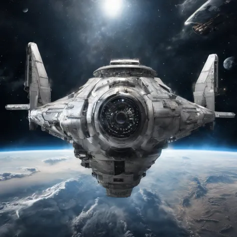 Condenes freighter spacecraft, 50 metros de comprometo, blindagem, preto e branco metal. futuristic warship background in futuristic shape flying through space