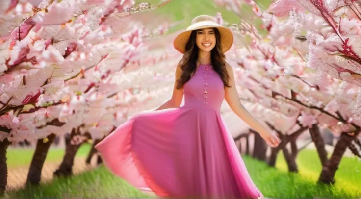 There is a beautiful woman standing in a field of cherry trees with a sun hat and wearing a pink halter dress, longos cabelos castanhos ondulados, wearing sunglasses, alto e magro, Beautiful, sorriso sutil, Standing in the field of cherry trees, standing i...