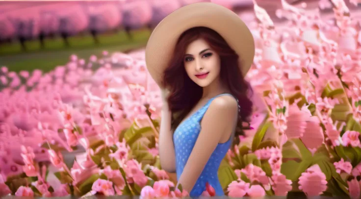 There is a beautiful woman standing in a field of cherry trees with a sun hat and wearing a pink halter dress, longos cabelos castanhos ondulados, wearing sunglasses, alto e magro, Beautiful, sorriso sutil, Standing in the field of cherry trees, standing i...