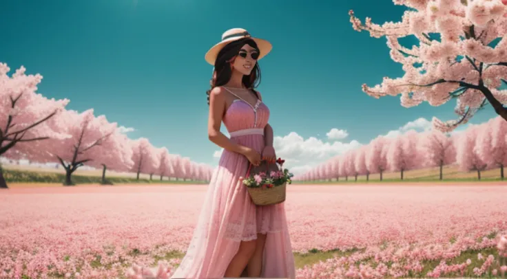 There is a beautiful woman standing in a field of cherry trees with a sun hat and wearing a pink halter dress, longos cabelos castanhos ondulados, wearing sunglasses, alto e magro, Beautiful, sorriso sutil, Standing in the field of cherry trees, standing i...