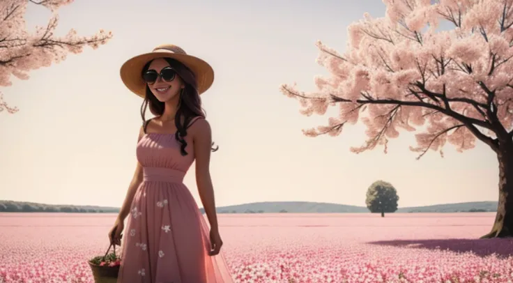 There is a beautiful woman standing in a field of cherry trees with a sun hat and wearing a pink halter dress, longos cabelos castanhos ondulados, wearing sunglasses, alto e magro, Beautiful, sorriso sutil, Standing in the field of cherry trees, standing i...