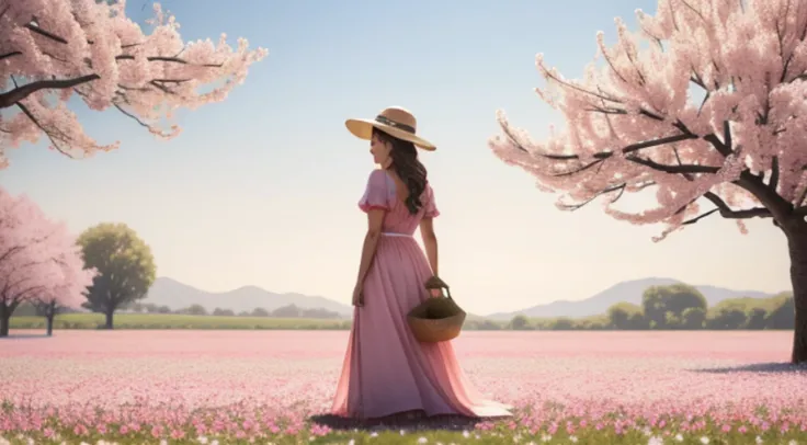 There is a beautiful woman standing in a field of cherry trees with a sun hat and wearing a pink halter dress, longos cabelos castanhos ondulados, wearing sunglasses, alto e magro, Beautiful, sorriso sutil, Standing in the field of cherry trees, standing i...