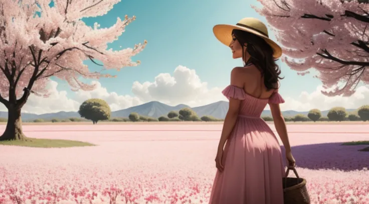 There is a beautiful woman standing in a field of cherry trees with a sun hat and wearing a pink halter dress, longos cabelos castanhos ondulados, wearing sunglasses, alto e magro, Beautiful, sorriso sutil, Standing in the field of cherry trees, standing i...