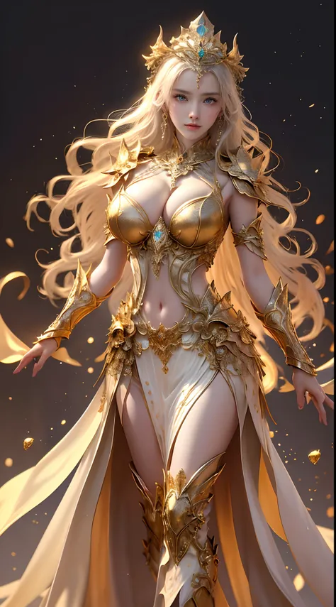 Woman in golden transparent armor,view the viewer,(((Huge breasts, Large cleavage))),Slim waist,(navel baring,Bare waist), Long hair, Ultra-detailed details,High-end Zhenyi station, Rainstorm site, detailed fantasy art, Stunning character art, Beautiful an...