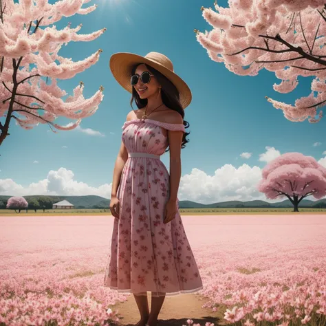 There is a beautiful woman standing in a field of cherry trees with a sun hat and wearing a pink halter dress, longos cabelos castanhos ondulados, wearing sunglasses, alto e magro, Beautiful, sorriso sutil, Standing in the field of cherry trees, standing i...