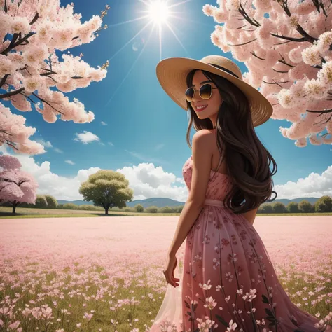 There is a beautiful woman standing in a field of cherry trees with a sun hat and wearing a pink halter dress, longos cabelos castanhos ondulados, wearing sunglasses, alto e magro, Beautiful, sorriso sutil, Standing in the field of cherry trees, standing i...